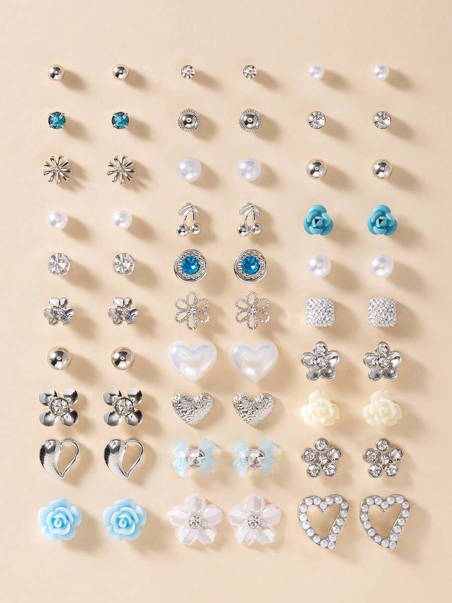 30对/套金属仿珍珠耳环，简约可爱时尚爱心、水滴、蝴蝶、水钻、花朵、太阳造型，百搭日常佩戴首饰礼盒套装，女士适用