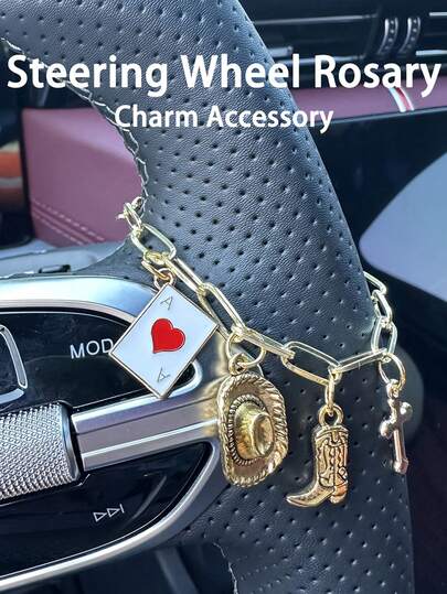 Colgante de rosario para volante, cruz y as de corazones estilo vaquero occidental, colgante de rosario católico, decoración colgante para interior de automóvil, accesorios para automóvil, llavero de cruz, colgante de la suerte para automóvil, regalo para conductor, accesorios para General Motors, cadena ajustable, accesorio de estilo