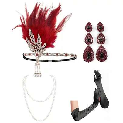 1920s Flapper Headpiece Accessories, Wedding Party Event Costume Set, 20s Headband, Pearl Necklace, Gloves, Vintage Zinc Alloy