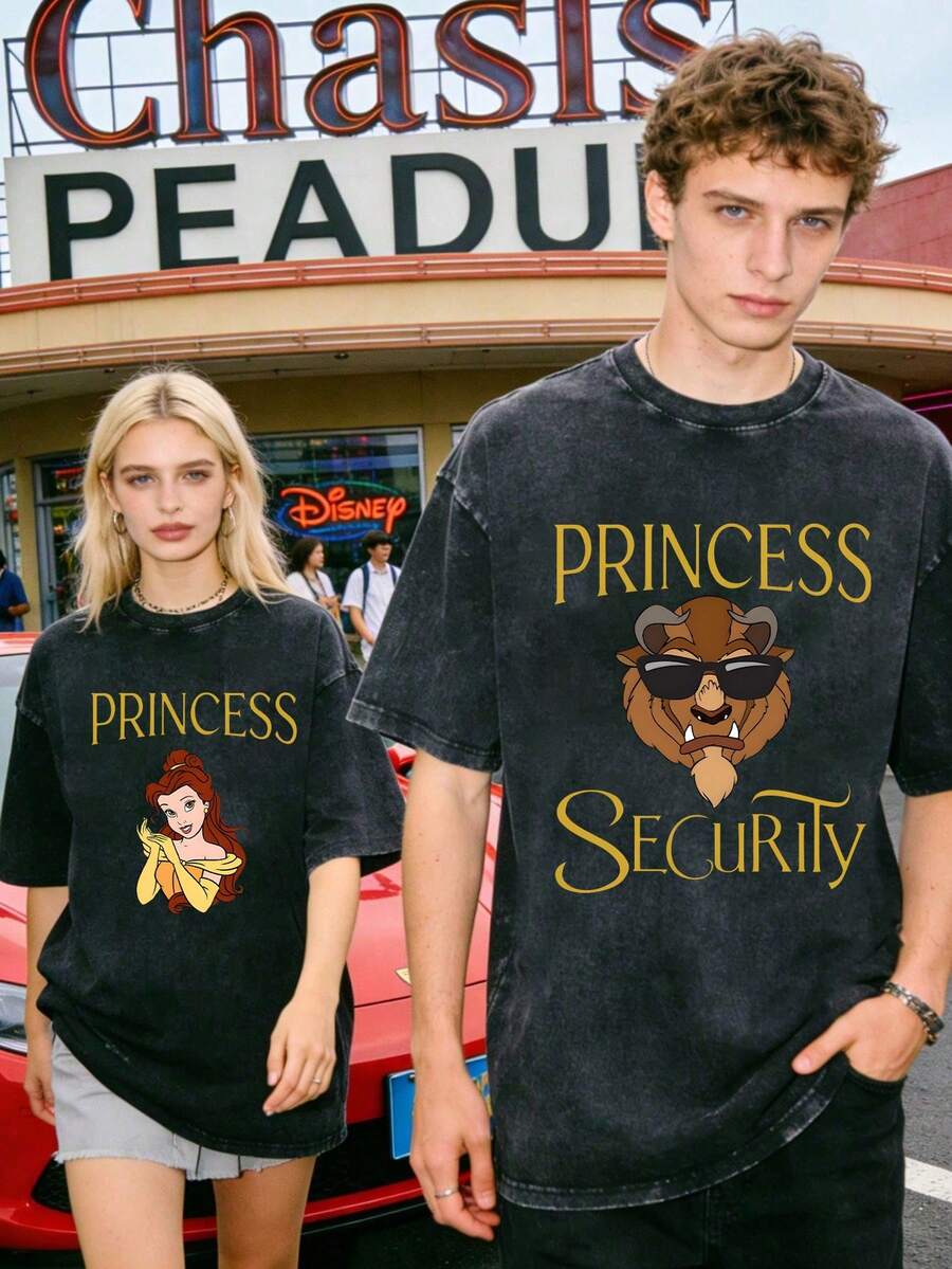 Disney Officially Licensed Graphic T Shirts 100 Percent Cotton  Shirt, Chip 'n' Dale Double Trouble Couple T-Shirt, Unisex, Washed 230g, Retro Vintage, Crew Neck Short Sleeve, Casual Daily Wear - màu đen - Xem 1