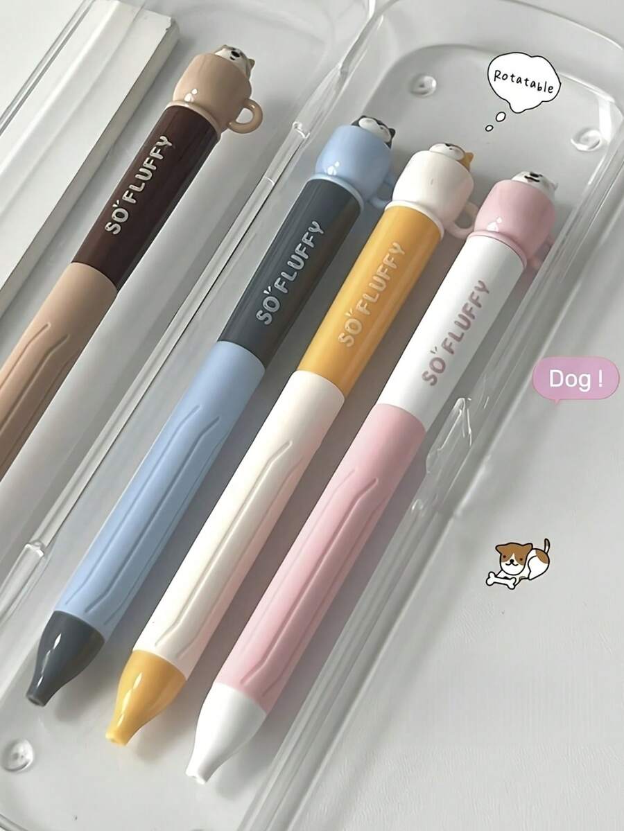 4pcs Rotating Teacup Puppy Pen, Creative Gel Pen, Black Ink Quick Dry, Cute Cartoon Decompression Pen For Children As A Gift, Practicing Handwriting, Journaling - Multicolor - View 1