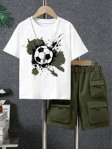 2pcs/Set Young Boy Football Graphic Print Short Sleeve T-Shirt And Cargo Shorts Casual Outfit - White - View 1