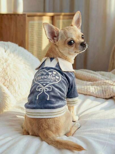 1pc Pet Clothes, Outdoor & Indoor Apparel For Small Dogs & Puppies, European & Korean Style Casual Fashionable Cute Comfortable Lapel Heart Velvet Polo Shirt - Blue