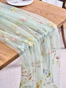 1pc Champagne Floral Embroidered Lace Table Runner, American Farmhouse Style Sheer Rectangular Tablecloth, Suitable For Weddings, Hotels, Daily Use, Holidays, Birthday Parties, Family Dinners, All Seasons - Champagne - View 2