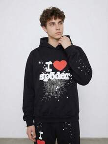Men's Gothic Spider Print Tracksuit, "I Love Spider" Hoodie & Joggers Set For 18-38 - 黑色 - 查看 2
