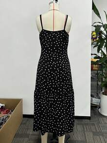 Women's Polka Dot Print V-Neck Mid-Length Dress, Puff Sleeve Ruffle Hem A-Line Dress, Elegant Casual Daily Wear Mother's Day Holiday Spring/Summer Dress Vacation Black - Black - View 6