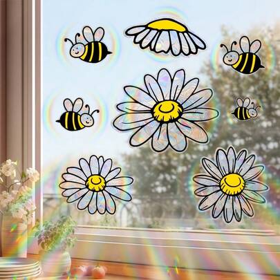 1pc Of Daisy And Bee Colorful Rainbow Prism Window Sticker Sun Catcher Static Cling