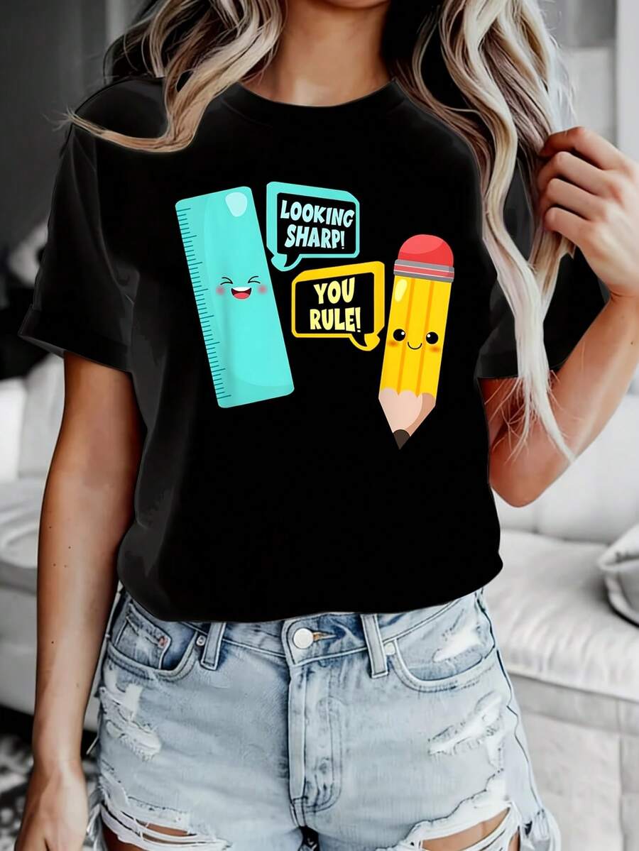 Cute Kawaii School 1 Pcs Women's Plus Size T-Shirt Funny Oversized Graphic Short Sleeve Tee Novelty 100% Polyester Versatile Shirt Casual Crew Neck Top 220g - 黑色 - 查看 1