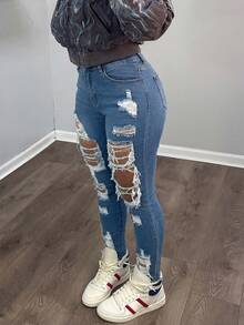 女士做旧修身长款牛仔裤，休闲风格，纽扣门襟，中等弹力，舒适百搭，适合全天穿着 - 深色水洗藍 - 查看 3