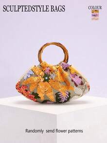 1 pieza Bolso de tote con asa de bambú, estilo de vacaciones, con patrón de hojas de malla de contraste con lentejuelas florales de colores, fondo de lino, adecuado para playa y ocio de verano (patrón de lentejuelas florales distribuido aleatoriamente) - Multicolor - Ver 8