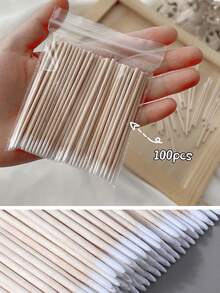 100pcs White/Pink Double-Ended Single-Ended Wooden Nail Polish Remover Sticks, Nail Cleaning Cotton Swabs,Small Dual-Headed Eyebrow Makeup Tools, Multi-Functional Pointed Cleaning Cotton Swabs To Meet A Variety Of Daily Needs - View 3