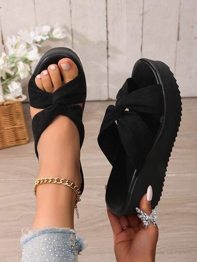 女士蝴蝶结厚底沙滩拖鞋，时尚百搭，可搭配裙装，夏季