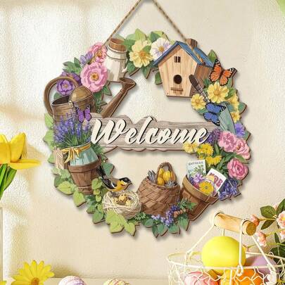 1pc Spring Wooden Welcome Wreath, Farmhouse Rustic Style Welcome Hanging Wreath, Fresh Flowers And Butterflies Wooden Door Wreath, Suitable For Outdoor Garden Decoration, Indoor Door Decoration, Garden Patio Decorative Hanging