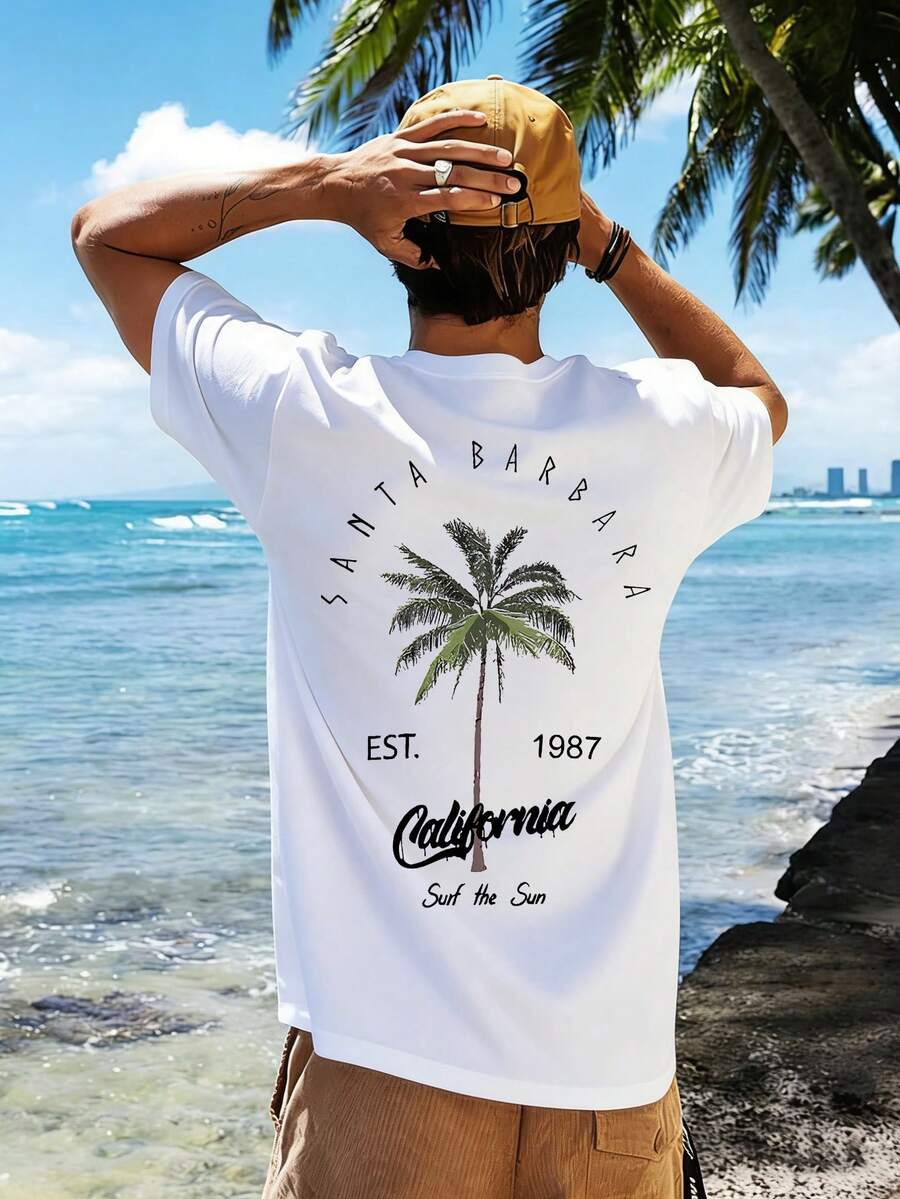 2025 Summer New Arrival Män Coconut Tree Brevtryck Kortärmad T-shirt med rund hals, fritidskläder