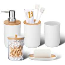 Bộ đồ dùng phòng tắm đơn giản 5 món, bao gồm bình đựng xà phòng lỏng, cốc súc miệng, giá đựng bàn chải đánh răng, khay đựng xà phòng, hộp đựng tăm bông, phụ kiện phòng tắm. - bộ đồ dùng vệ sinh cá nhân - Xem 4