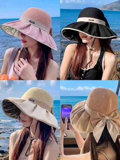 Bow Tie Bucket Hat For Women, Korean Style UV Protection Wide Brim Sunhat, Casual Sun-Shading Hat