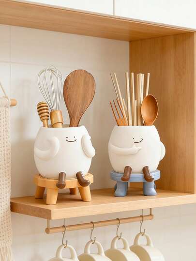 Cute Resin Utensil Holder For Kitchen Counter & Wall Shelf, Adorable Cartoon Character Design With Smiling Face, Perfect For Organizing Chopsticks, Spoons, Forks, And Small Kitchen Tools, Durable & Easy To Clean, Ideal For Modern Kitchen, Dining Room, Or Small Apartment, Adds Warm & Playful Decor To Your Countertop, Space-Saving Storage Solution For Everyday Cooking Utensils