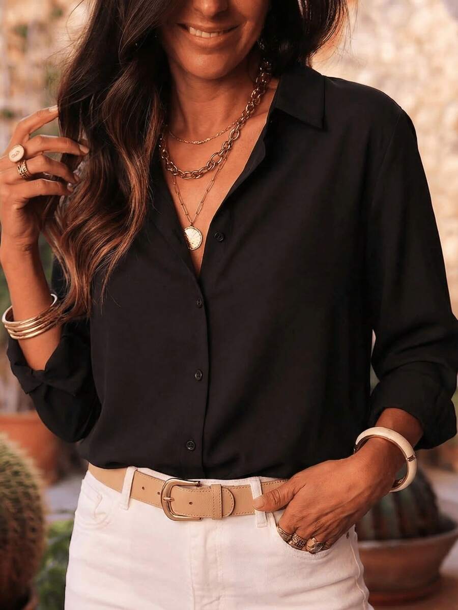 Women's Elegant French Style Long Sleeve Button-Up Blouse, Anti-Exposure - Black - View 1