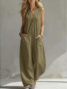 European And American Summer Women's Clothing Solid Color Double Pocket Casual Linen Cotton Sleeveless Jumpsuit - 橄欖綠 - 查看 9