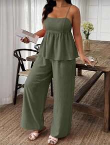 Women's Set: Wide-Leg Pants And Elegant Blouse In Duna Fabric! - 軍綠色 - 查看 4