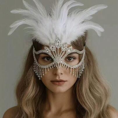 Fashionable Feather & Rhinestone Mask Rhinestone Tassel Halloween Stage Singer Mask Women's Performance Jewelry Accessories
