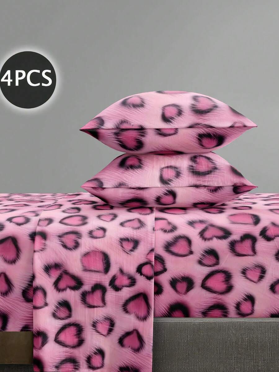 4件套 时尚亮粉色豹纹床单套装，易于打理的超细纤维柔软床上用品套装，花卉图案床笠套装（1张床单+1张床笠+2个枕套），床笠套装，适用于特大号、大号、标准双人床、单人床，床笠深口袋设计，枕套最大可达11.8英寸，柔软透气，不易起皱，更有利于睡眠，奢华酒店风格，送给父母、朋友的礼物 - 玫紅色 - 查看 1