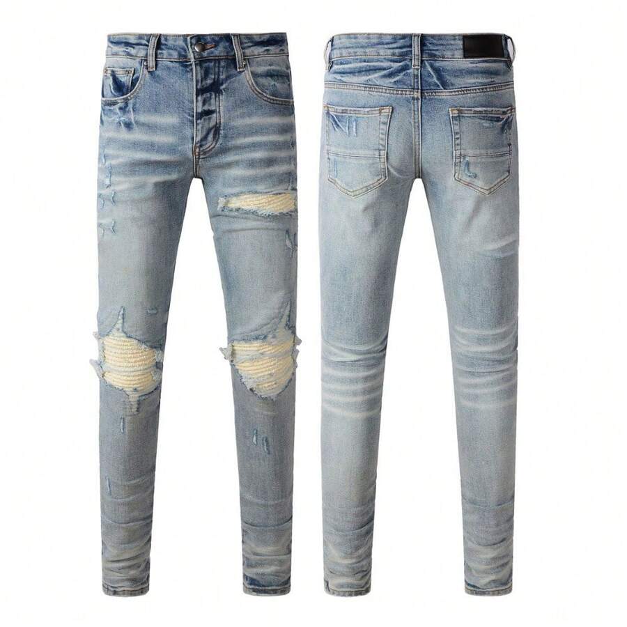 Purple Men Jeans 2026 Autumn Winter New Fashion Ripped Retro Light Blue Straight Slim Fit Button Fly Denim Pants For Men Casual Wear - 藍色 - 查看 1