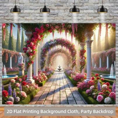 2D平面，优雅花园派对生日背景幕布，带花卉喷泉 - 浅粉色和绿色花卉墙饰 - 大型生日派对装饰，非常适合女士和女孩 - 婚礼、周年纪念、生日派对装饰 - 复古维多利亚花园主题 - 轻盈如壁纸般的外观，易于悬挂 - 横幅 - 室内/派对装饰，2D平面