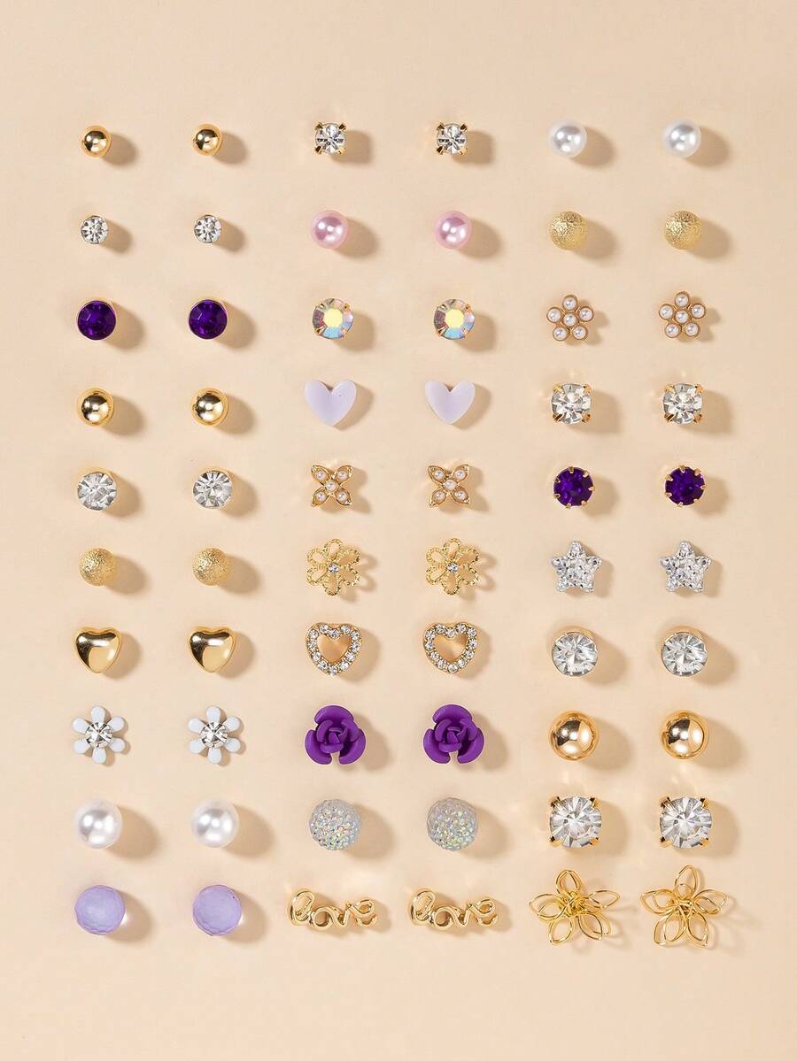 30 Pairs Silver Metal Rhinestone Heart, Leaf, Flower, Pearl, Letter Design Earring Set For Women - Multicolor - View 1