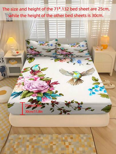 2/3PCS Home Textile Bedding Set, Flower And Bird Pattern Bed Sheet Set, Made Of Polyester Material, Digital Printing, Elastic All Inclusive Design, Suitable For Bedrooms, Dormitories, Teenagers, Holiday Gifts, Parents, Seasonal Decoration