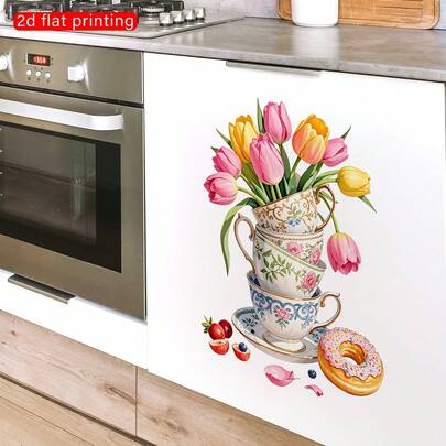 1 pièce Autocollants muraux amovibles et imperméables en PVC représentant une tasse à thé tulipe, un beignet et des baies. Convient pour les cuisines, salles à manger, chambres, bureaux et la décoration d'intérieur.