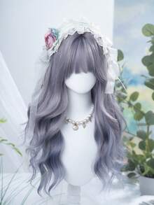 alicegarden Peruca sintética ondulada de 28 polegadas de comprimento, estilo natural, cinza-azul. Com franja, esta peruca é muito adequada para uso diário, proporcionando uma aparência natural e realista, imitando o cabelo feminino. (Acessórios não incluídos) - Cinza Azul - Ver 5