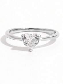 1pc Elegant Fashion Classic Shiny Minimalist 925 Sterling Silver Heart Zirconia Stone Ring, Jewelry Decor For Party, Gathering, Daily Wear - Silver - View 3