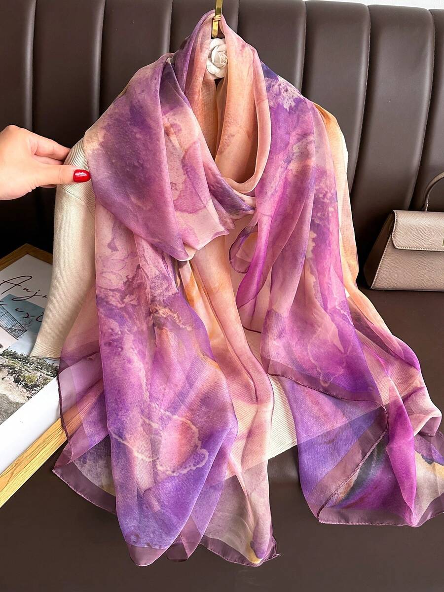 1pc Purple Chiffon Scarf For Women, Lightweight Spring Autumn Versatile Artistic Travel Sun Protection Shawl Neck Wrap