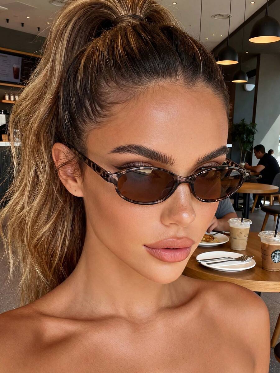 1 Pair Unisex Leopard Print Oval Small Frame Sunglasses, Fashionable High-End Casual Street Photography Classic Glasses, Suitable For Beach Accessories, Women, Summer Beach Vacation, Outdoor, Travel Casual Style, Suitable For Outings, Back To School Season - 棕色 - 查看 1