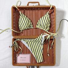Bộ bikini hai mảnh kẻ sọc buộc dây cổ cho nữ, đồ bơi buộc dây bên hông dễ thương, độ co giãn cao. - Màu Mù tạt vàng - Xem 11
