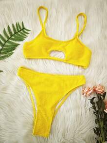 Bộ bikini mùa hè mới kiểu Âu và Mỹ gợi cảm, áo tắm hai mảnh tankini màu vàng khoét eo cao dành cho nữ, có lưng hở và áo ngực có đệm, thích hợp cho kỳ nghỉ biển. - Màu vàng - Xem 2