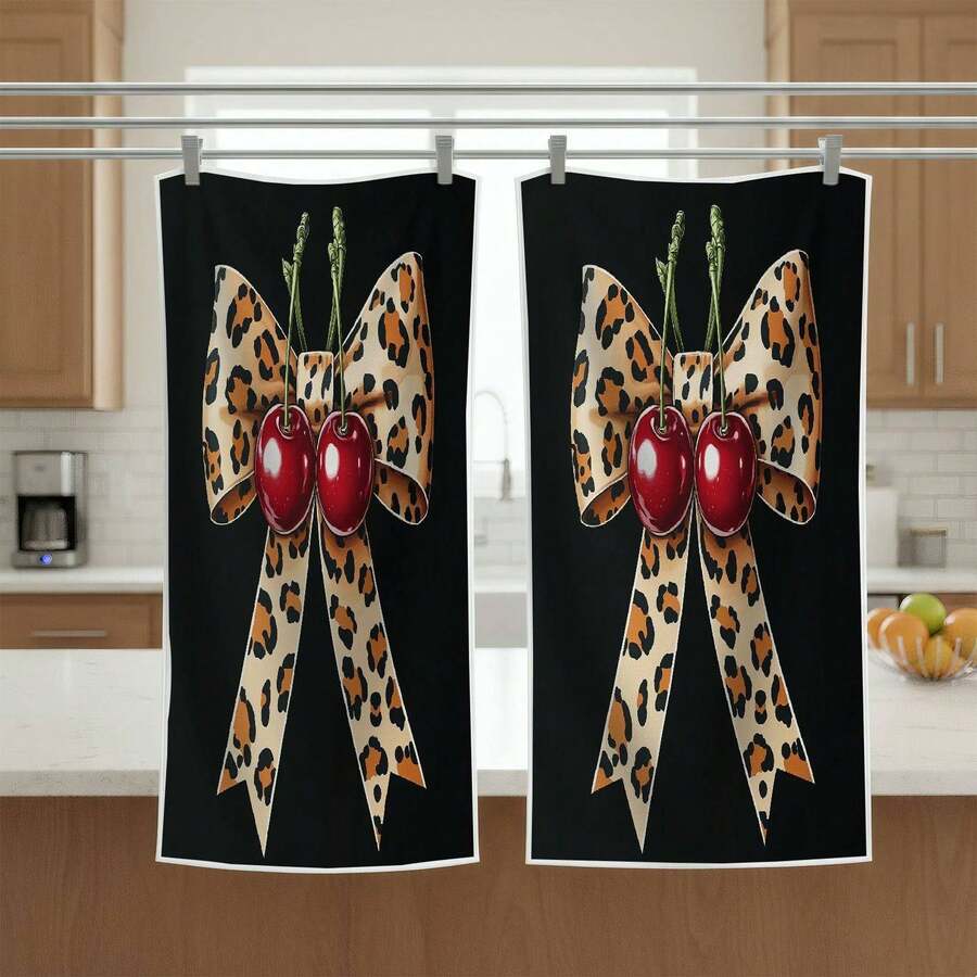 Leopard Print Cherry Kitchen Towel, Soft Absorbent Polyester Hand Towel, Black & Red Leopard Spot With Cherry Design, Washable Decorative Dish Towel Set, Modern Holiday Home Decor, Ideal For Christmas, Thanksgiving, New Year, Valentine's Day, - 多色2 - 查看 1