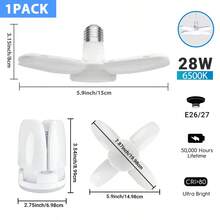 28W 可折叠 LED 叶子灯泡 E26/E27，2800LM 高亮度，可调节叶片角度设计，适用于车库和地下室。（1个） - 白色 - 查看 10