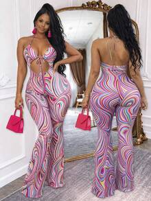 Summer Tie-Dye Halter Jumpsuit For Women, Flared Pants, Tie Front Cut-Out, Enterizos De Mujer Elegantes, Monos De Mujer, Casual Weekend & Party Outfit - 彩色 - 查看 4
