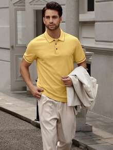 Men's Plus Size Knit Casual Business Polo Shirt, Summer, Suitable For Casual, After Work, Gift For Father, Gift For Boyfriend - Yellow - View 5
