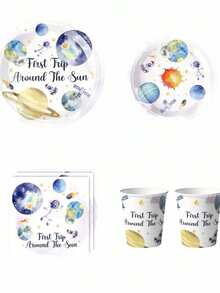 50pcs/Set Astronaut Themed Disposable Tableware Set, Includes 10 Plates, 10 Dessert Plates, 10 Paper Cups And 20 Napkins. Convenient Cutlery Set Suitable For Camping, Picnics, Garden BBQs, Baby Showers, Weddings And Birthday Parties. - Multicolor - View 6