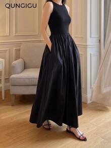 QUNGIGU 女士黑色拼接无袖夏季连衣裙，带口袋，休闲百搭 - 黑色 - 查看 4