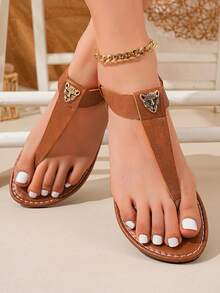 最新款热带印花优雅休闲性感沙滩派对婚礼假日女式平底凉鞋 - 棕色 - 查看 2