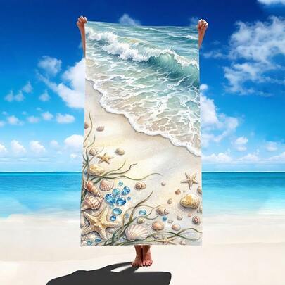 1pc Beach Starfish & Shell Pattern Beach Towel, Super Soft Microfiber Extra Large Beach Blanket, Super Absorbent Bath Towel, Suitable For Beach, Pool, Travel, Camping, Yoga
