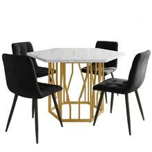 Dining Room Table And Chairs Set (5 Pieces), Modern Hexagonal Marble Table + 4 Black Velvet Chairs To Create A Warm And Contemporary Atmosphere, Gold Table Legs - Gold - View 3