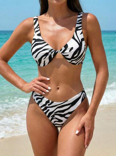 Sultry Sol 女士甜美纯色优雅性感印花扭结肩带比基尼两件式泳衣，沙滩度假风