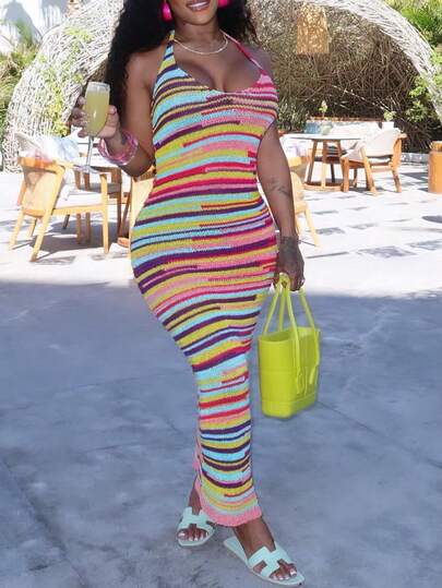 女士性感V领撞色无袖露背吊带针织沙滩裙，休闲夏季装扮