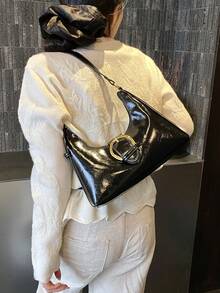 时尚简约女士单肩包，金属装饰，褶皱设计，可肩背/腋下挎，新款秋冬咖啡色可调节肩带手提包，适合大学生日常购物，轻便大容量，通勤必备。 - 黑色 - 查看 5