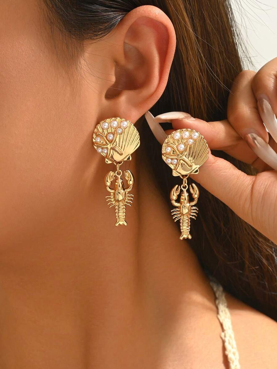 一对夏季海滩海洋风合金贝壳镶嵌仿珍珠耳环，独特设计，魅力十足，适合女性日常佩戴、海滩约会和度假。 - 彩色 - 查看 1